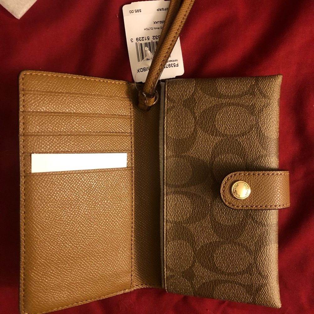 NWT Coach Phone Clutch Khaki/Saddle